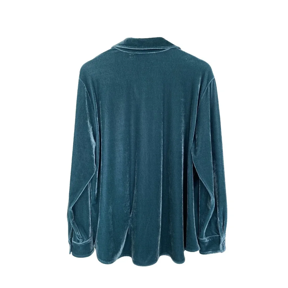 Soft Surroundings Teal Blue Velvet Button‎ Down Shirt Petite PXL Soft Luxe S - Picture 3 of 8